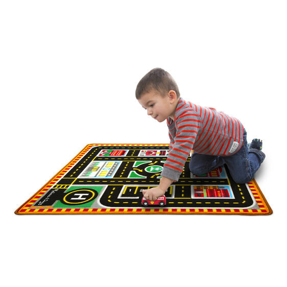 Melissa & Doug Activity Rug - Round The City Rescue with 4 Wooden Vehicles