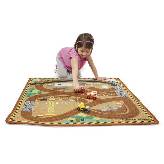 Melissa & Doug Activity Rug - Round the Construction World Zone Site with 3 Wooden Vehicles