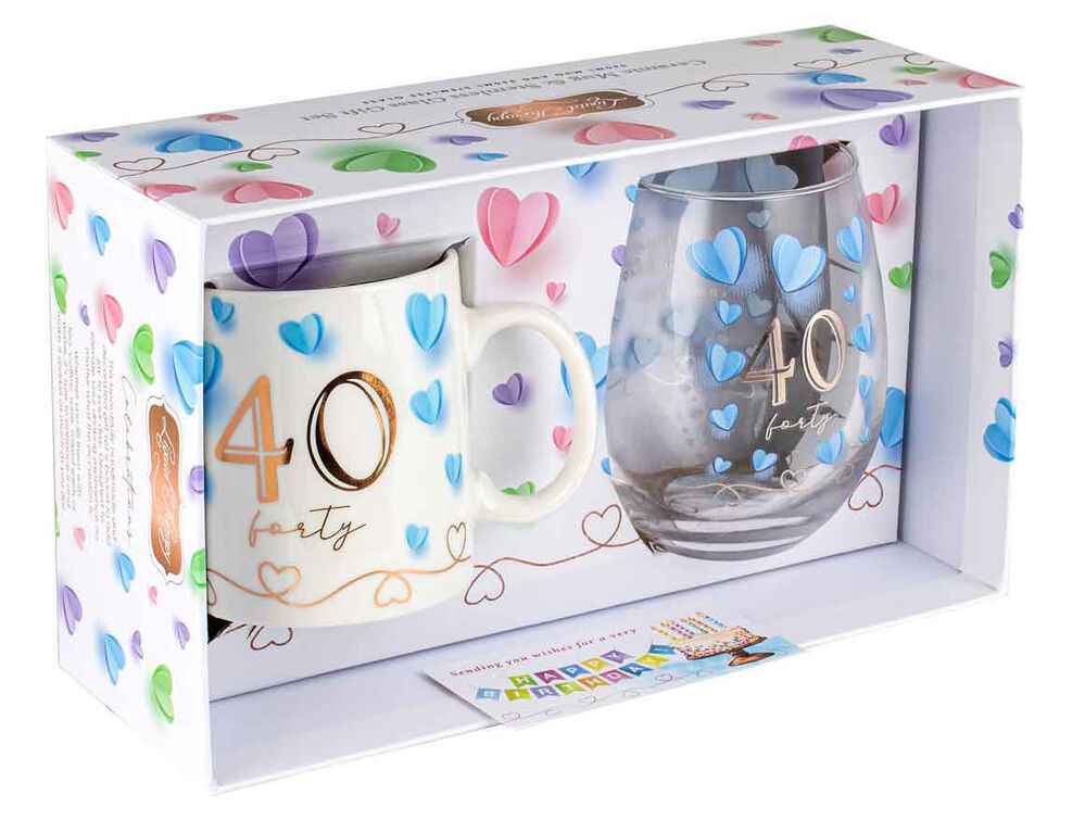 40th Birthday Mug & Stemless Wine Glass Set