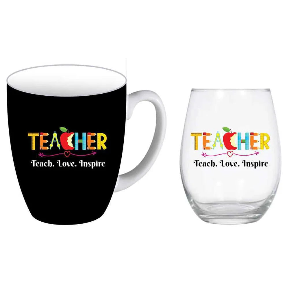 Teacher Mug and Stemless Wine Glass Gift Set - Teacher Teach Love Inspire