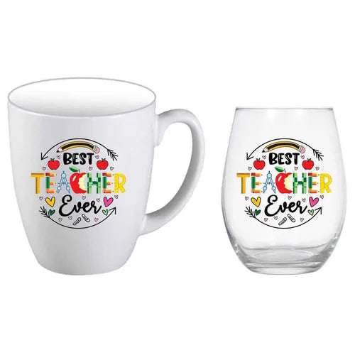 Teacher Mug and Stemless Wine Glass Gift Set - Best Teacher Ever Pencil