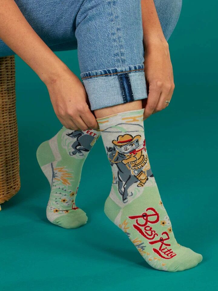 Blue Q Womens Crew Socks - Boss Kitty