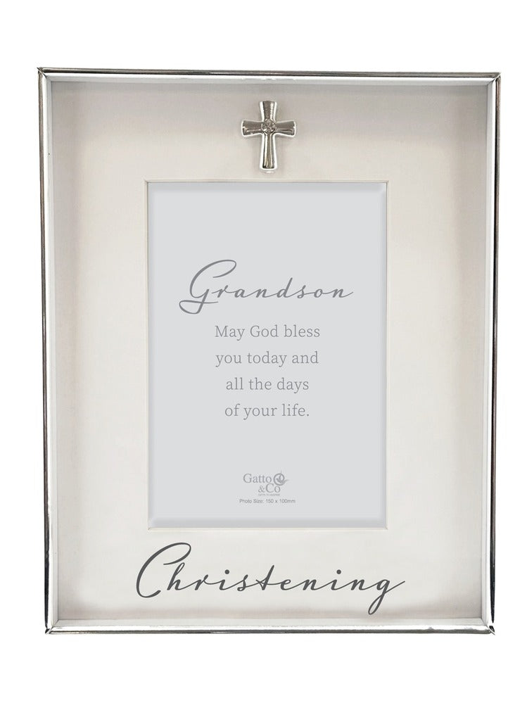 Silver Christening Photo Frame with Motiff - 4x6 - Grandson