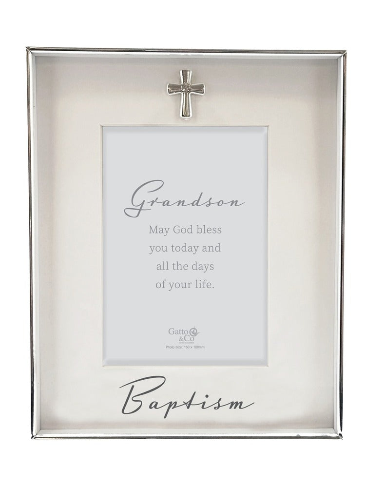 Silver Baptism Photo Frame with Motiff - 4x6 - Grandson