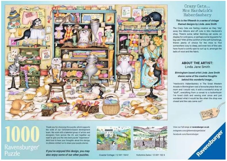 Ravensburger Puzzle 1000pc - Crazy Cats Mrs. Hardwick's Haberdashery