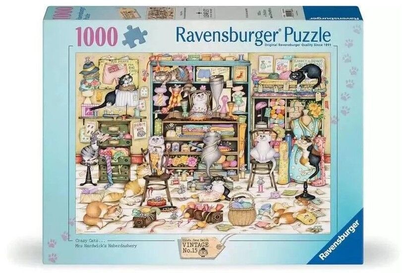 Ravensburger Puzzle 1000pc - Crazy Cats Mrs. Hardwick's Haberdashery