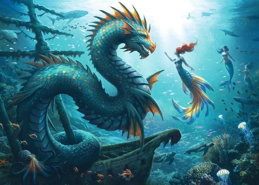 Ravensburger Puzzle 1000pc - Enchanted Depths Dragon, Mermaid and Turtles