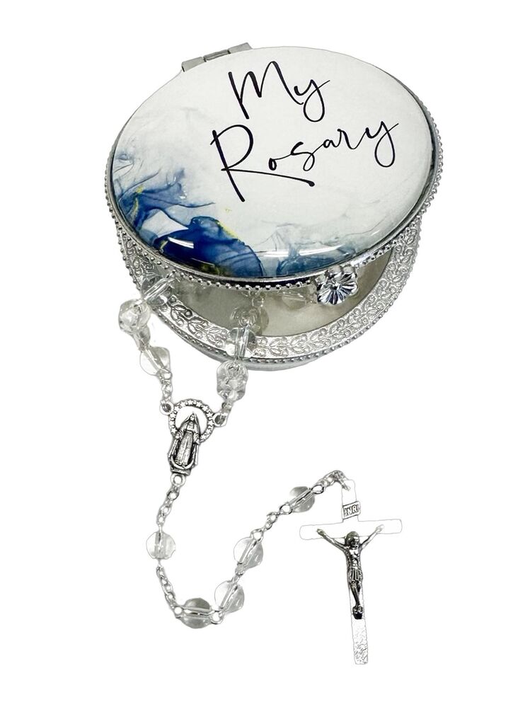 My Rosary Blue Porcelain Box with White Rosary Beads