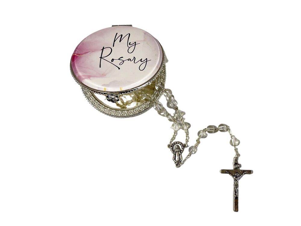 My Rosary Pink Porcelain Box with White Rosary Beads