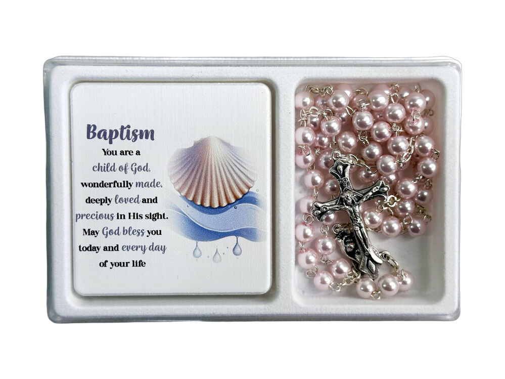 Rosary and Plaque Set - Baptism Pink