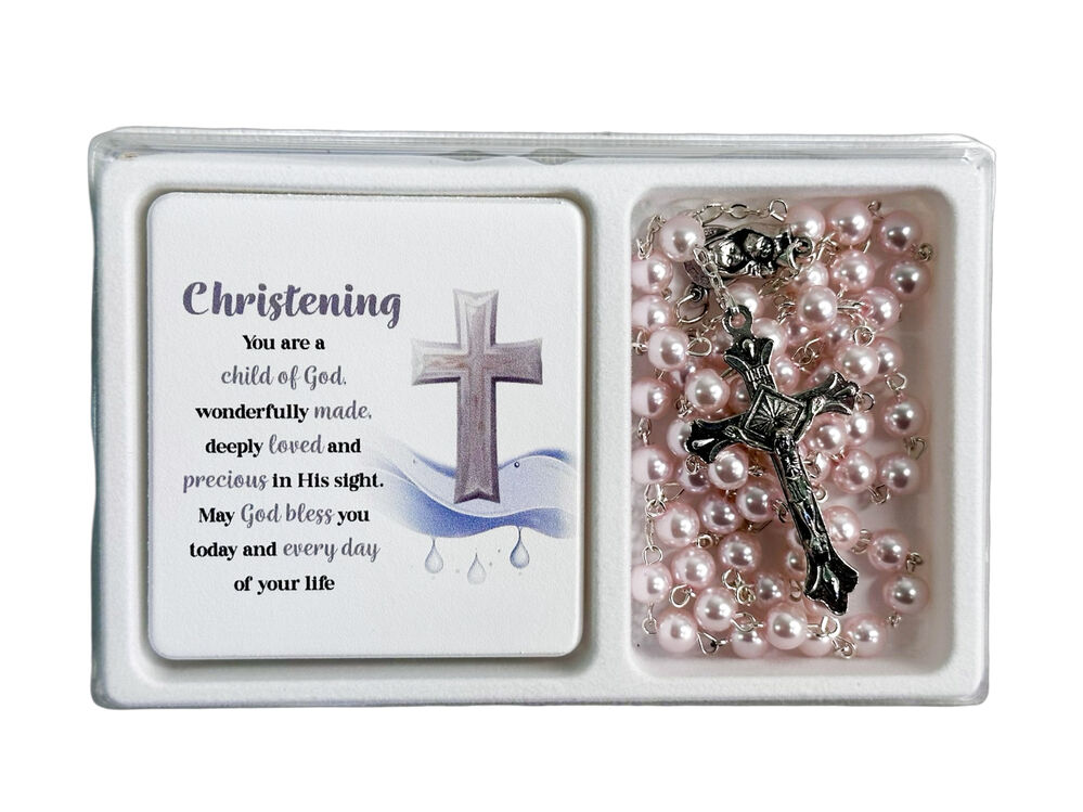 Rosary and Plaque Set - Christening Pink