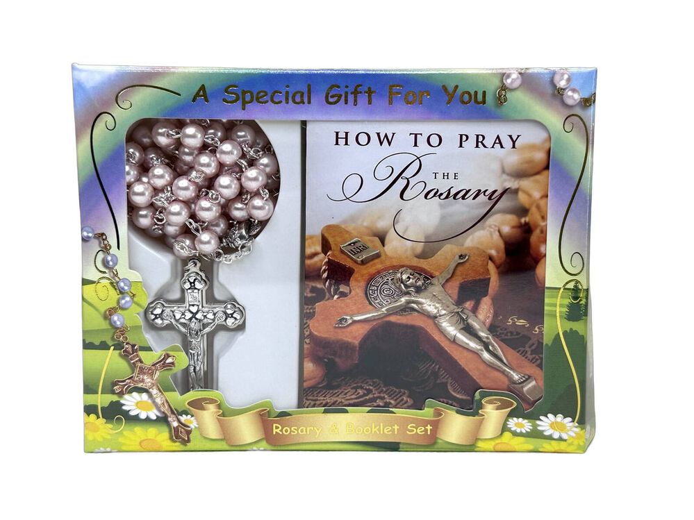 Rosary and Book Set - Communion Mother of Pearl Pink