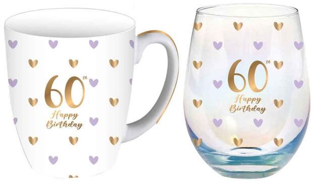Sweet Heart Mug & Stemless Glass Set - 60th
