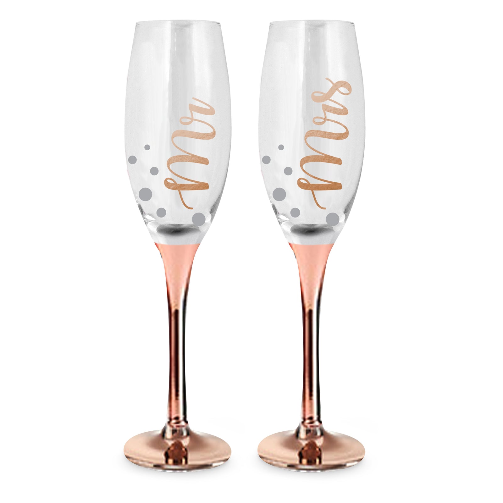 Rose Stem Wedding Mr & Mrs Champagne Glass Set