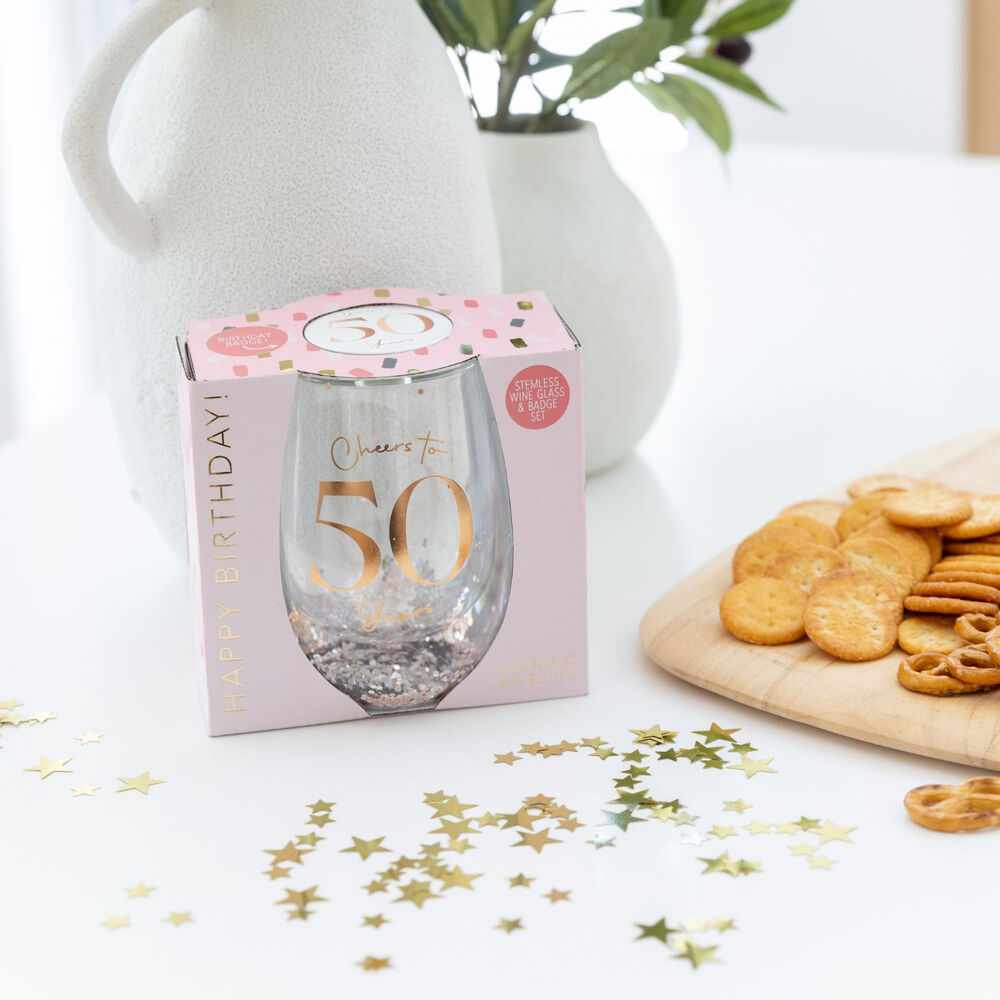 Splosh Celebration - 50th Glitter Stemless Glass & Badge Set