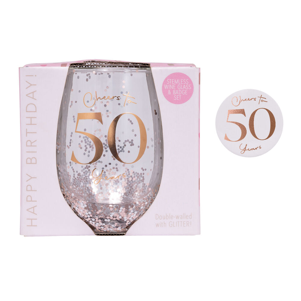 Splosh Celebration - 50th Glitter Stemless Glass & Badge Set