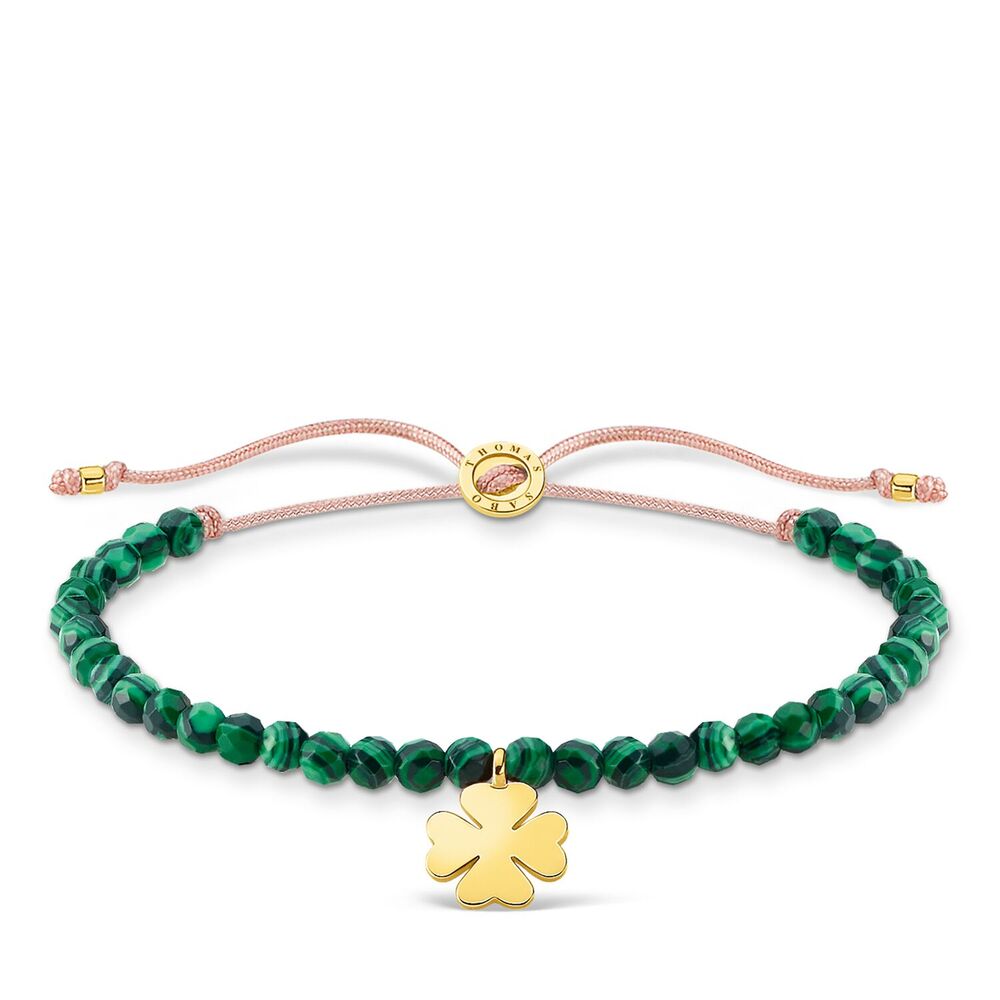 Thomas Sabo Charm Club - Cloverleaf with Green Stones Yellow Gold Bracelet