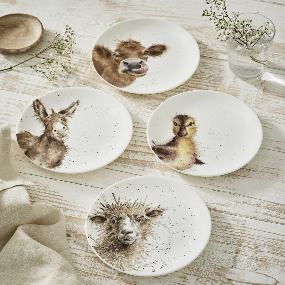 Royal Worcester Wrendale Designs Coupe Plates - Cow, Donkey, Duckling, Sheep (Set of 4)