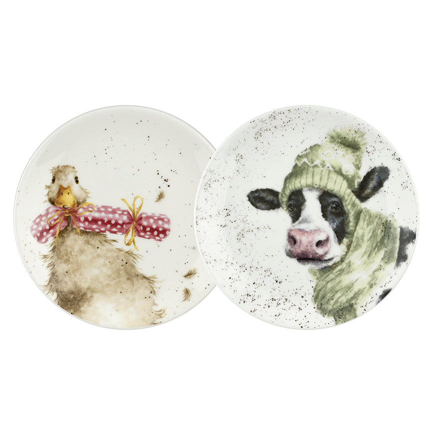 Royal Worcester Wrendale Christmas Coupe Plates - Christmas Cracker & Moo-rry Christmas (Set of 2)