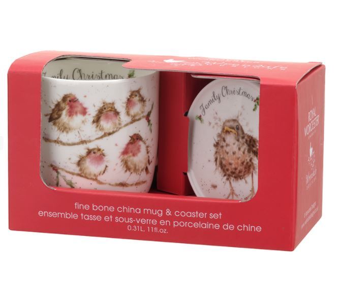 Royal Worcester Wrendale Christmas Mug & Coaster Set - Family Christmas