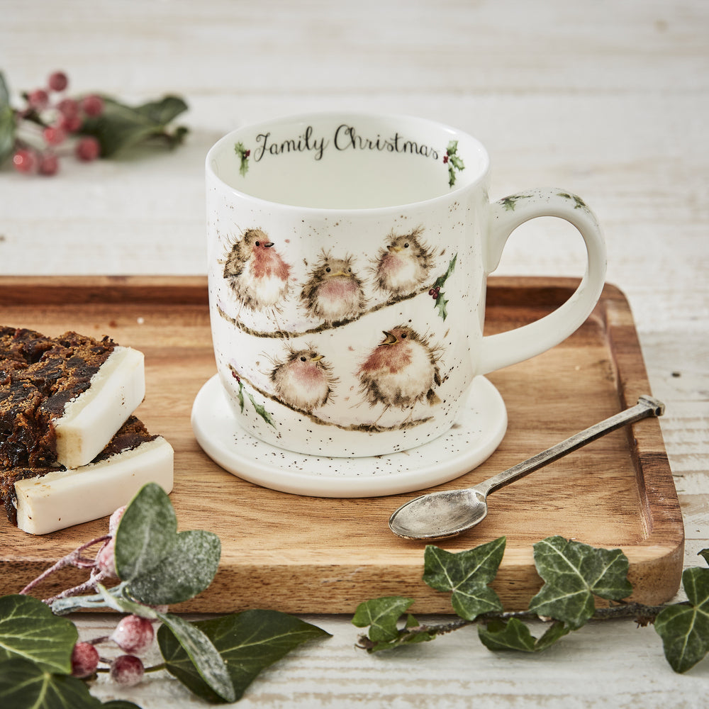 Royal Worcester Wrendale Christmas Mug & Coaster Set - Family Christmas