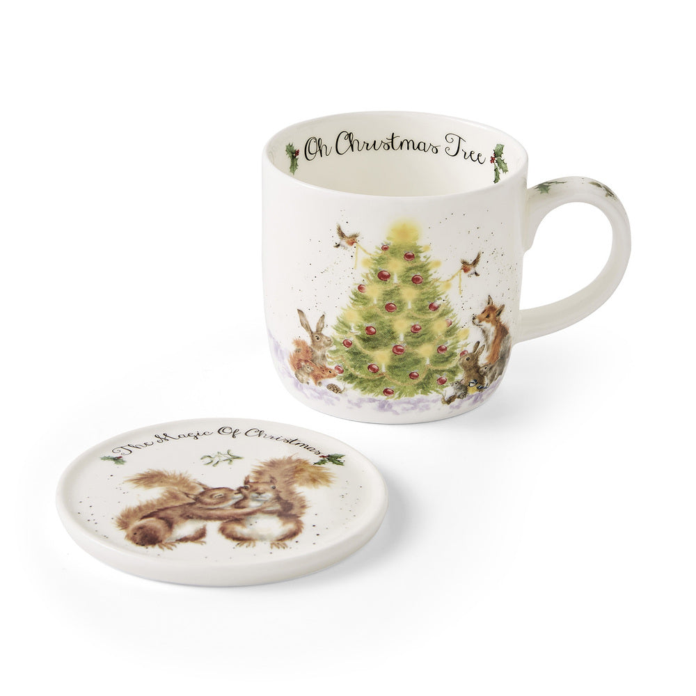 Royal Worcester Wrendale Christmas Mug & Coaster Set - Oh Christmas Tree