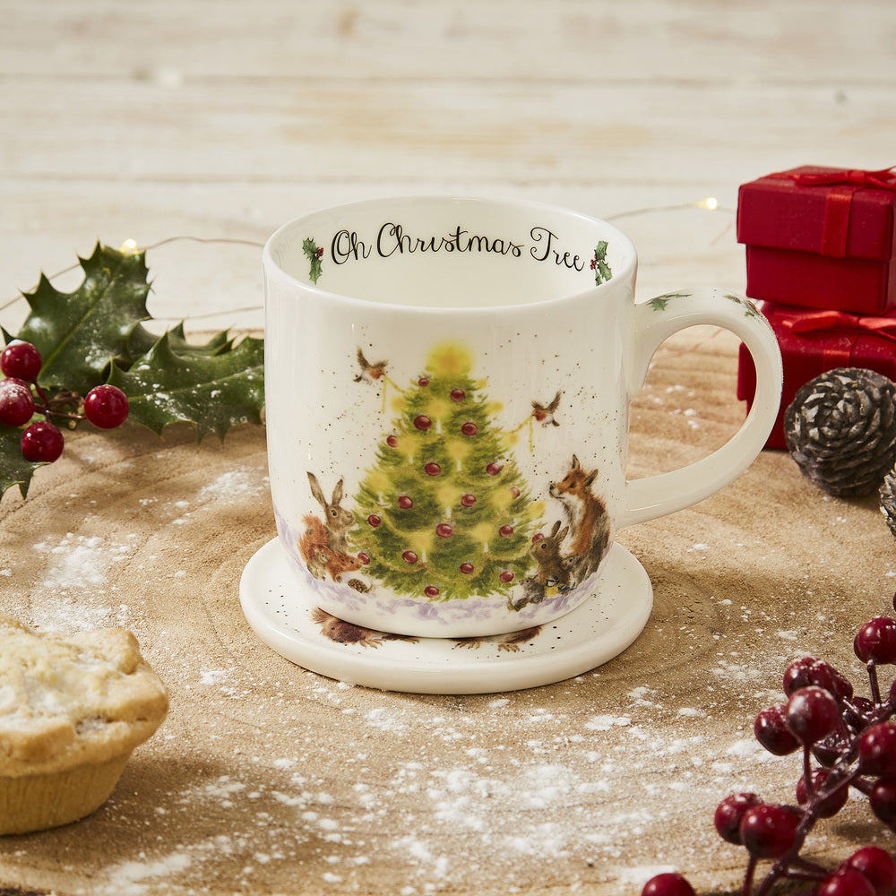 Royal Worcester Wrendale Christmas Mug & Coaster Set - Oh Christmas Tree